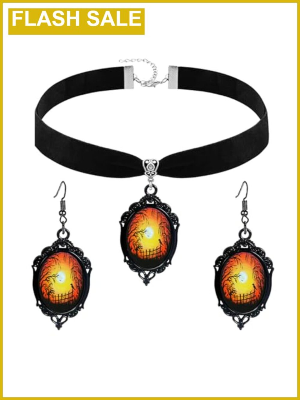 Gothic Crow Raven Glass Pendant Necklace Earrings Set Velvet Choker